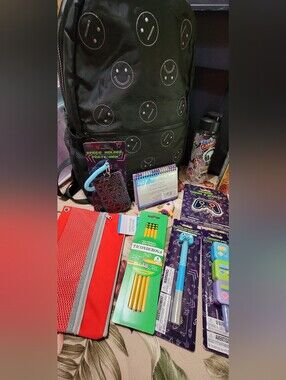 822- Black Smiley Backpack w Arcade Themed School Supplies